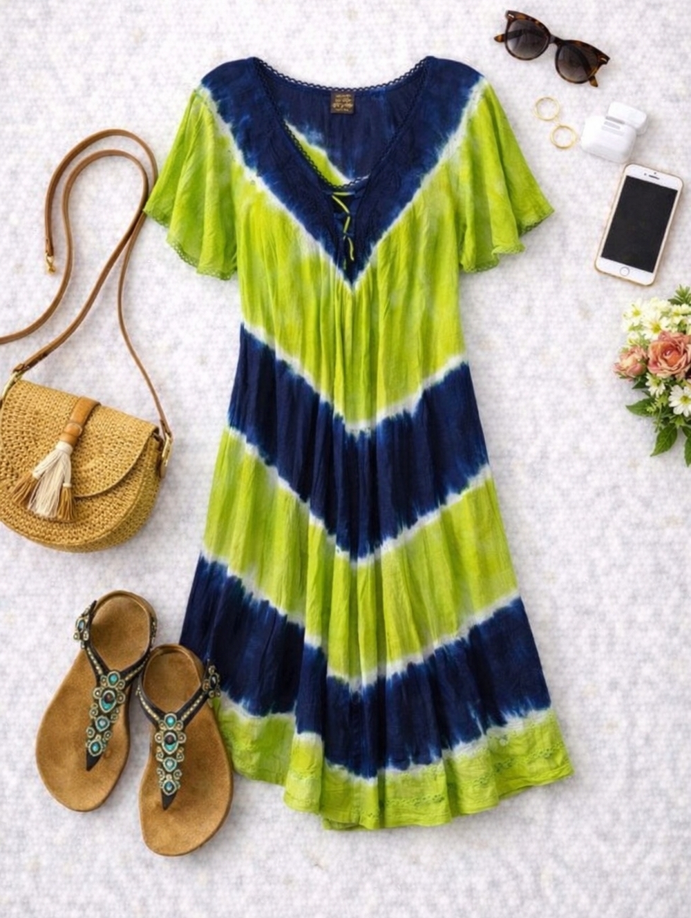 Boho Green Navy Tie Dye Coverup/Dress Free Size